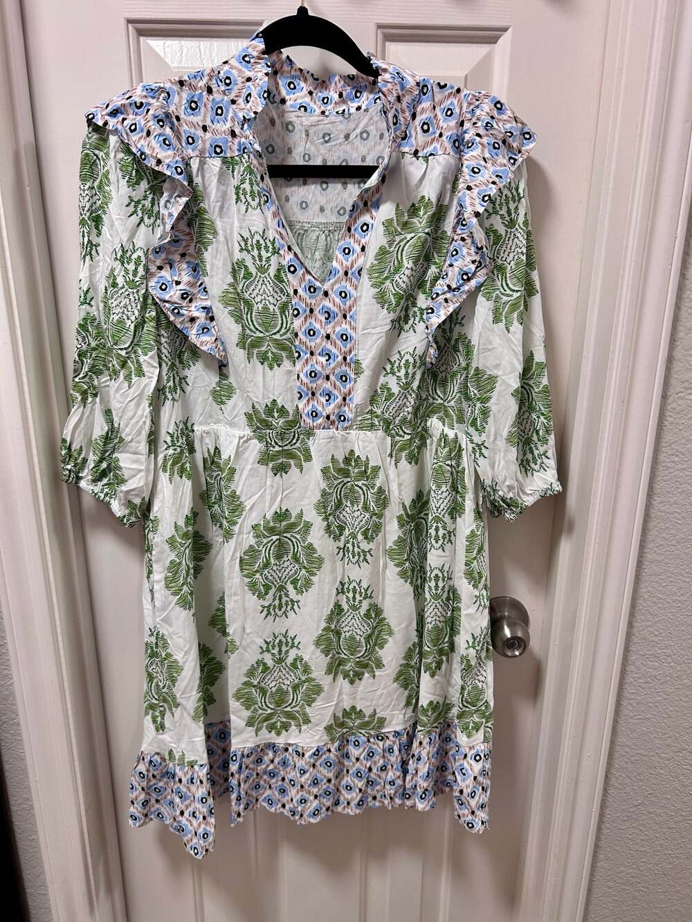 Asvivid Green and White Damask Print Ruffle Mini Dress